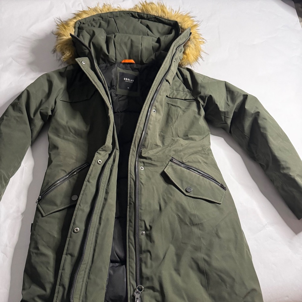 Orolay Womens‎ Olive Green Hooded Down Parka Faux Fur Trim Duck Down Feather XS